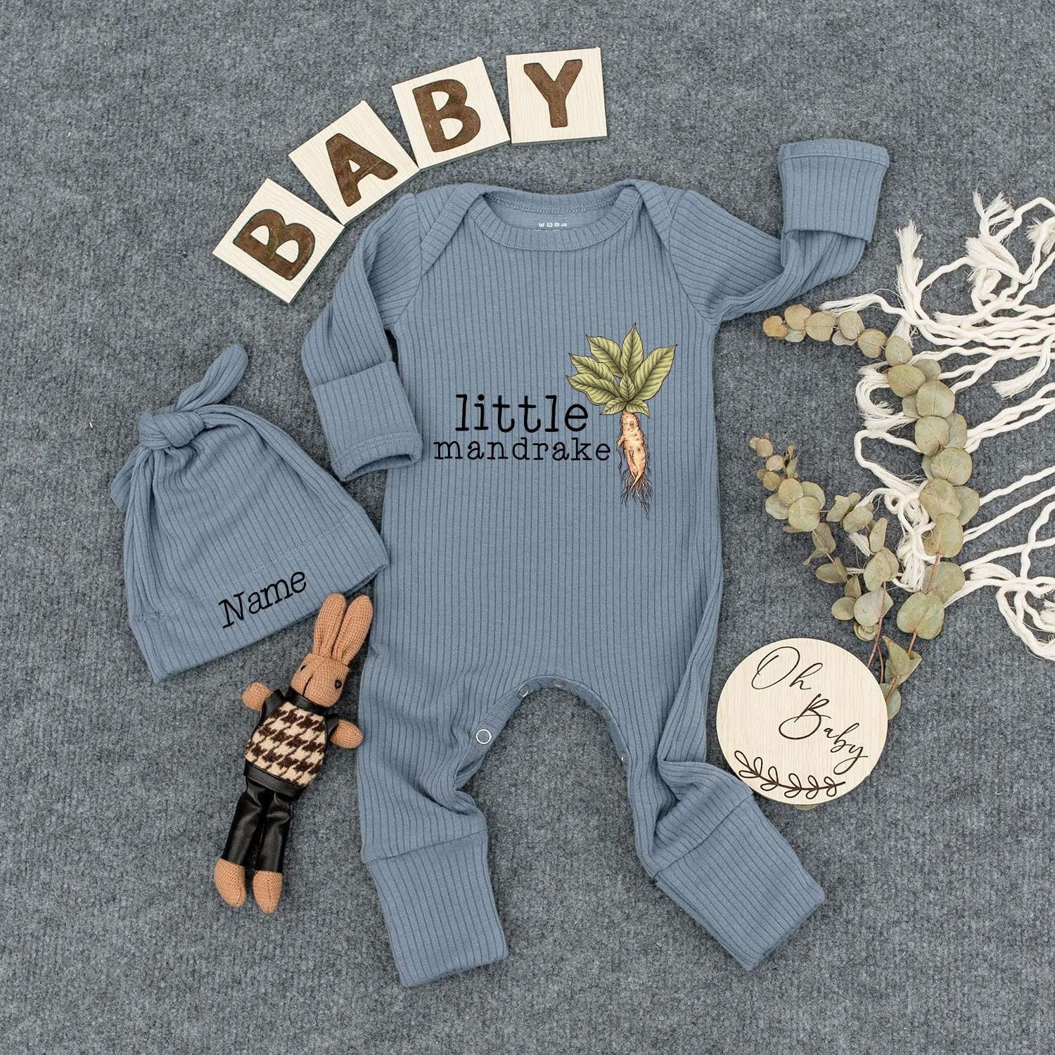 Personalized Baby Mandrake Bodysuit Hat Set Custom Name Whimsical Plant Design Newborn Outfit Vintage Boho Style Gender Neutral New Baby Gift Idea