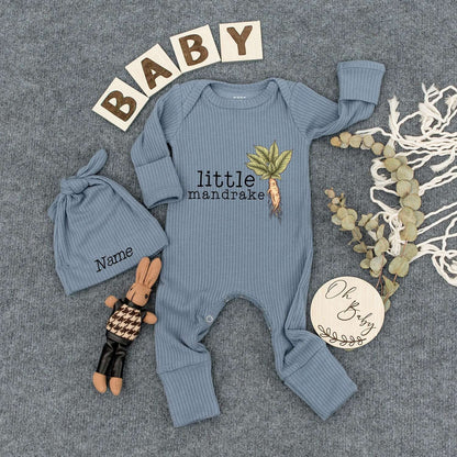 Personalized Baby Mandrake Bodysuit Hat Set Custom Name Whimsical Plant Design Newborn Outfit Vintage Boho Style Gender Neutral New Baby Gift Idea