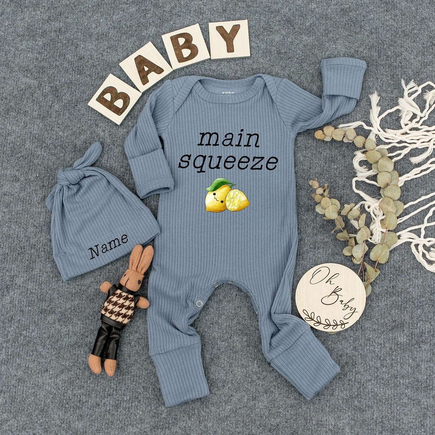 Personalized Main Squeeze Baby Bodysuit and Hat Set Cute Newborn Boy Outfit Adorable Cartoon Lemon Design Summer Boho Romper Gift