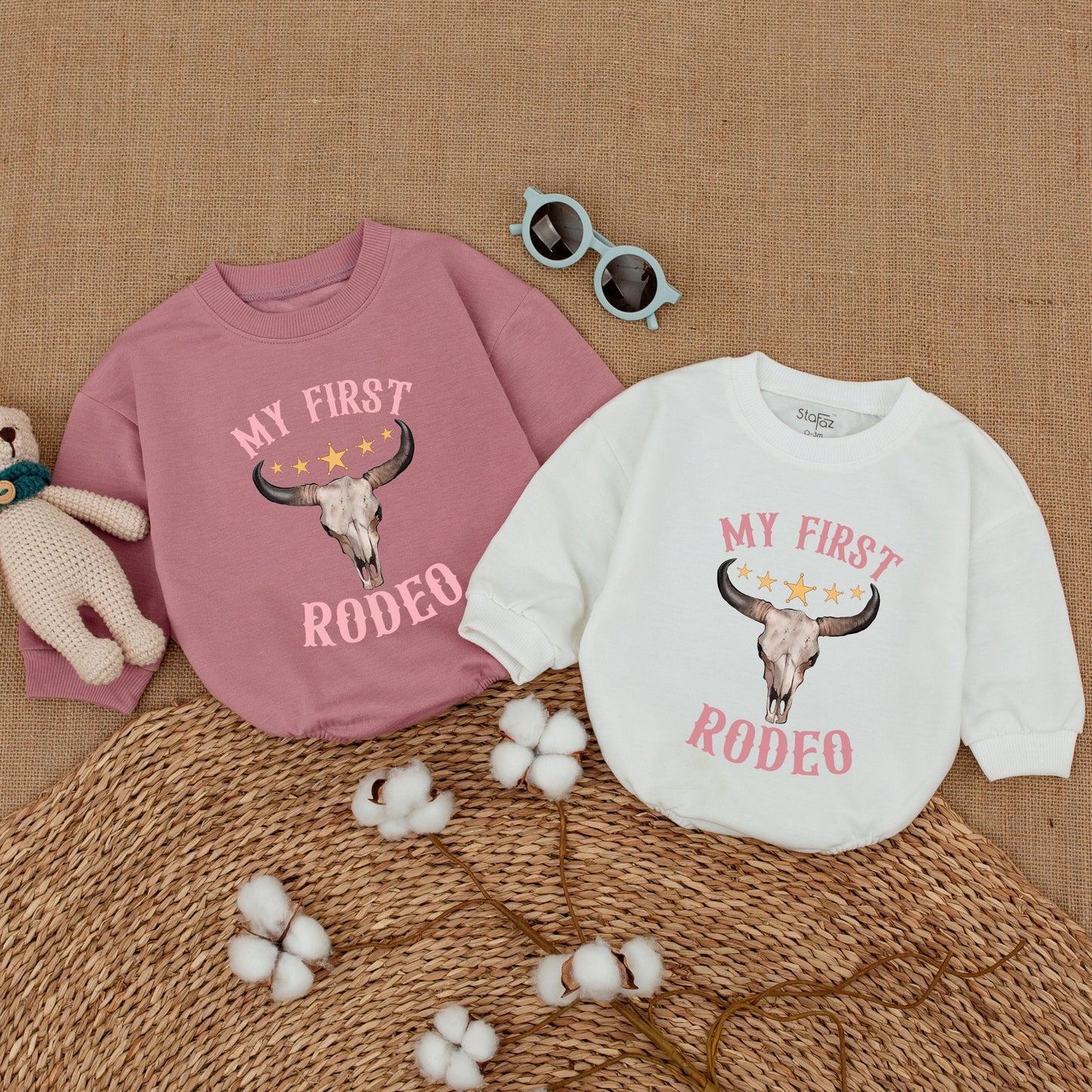 My First Rodeo Romper Custom Name Baby Girl Cowgirl Birthday Bodysuit Western Country First Birthday Party Bubble Outfit Gold Stars Pink Bull Skull
