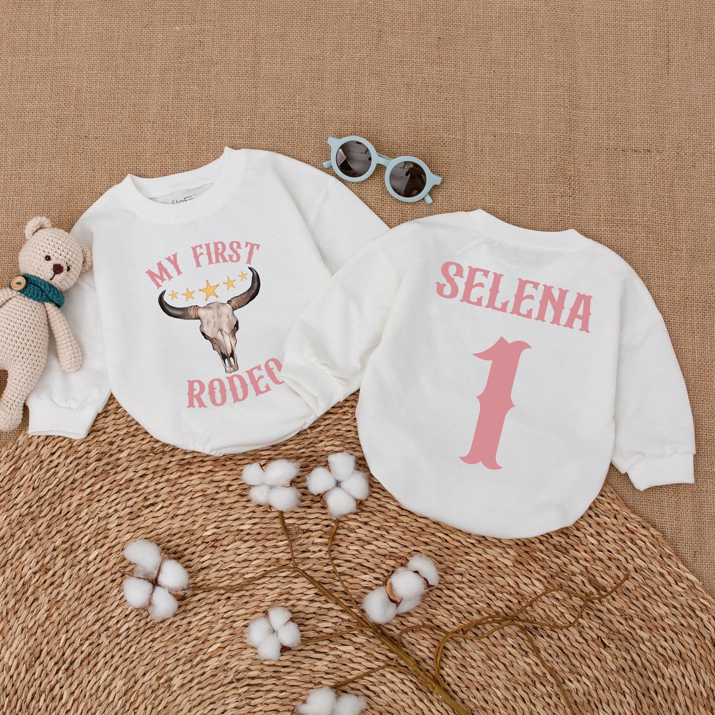My First Rodeo Romper Custom Name Baby Girl Cowgirl Birthday Bodysuit Western Country First Birthday Party Bubble Outfit Gold Stars Pink Bull Skull