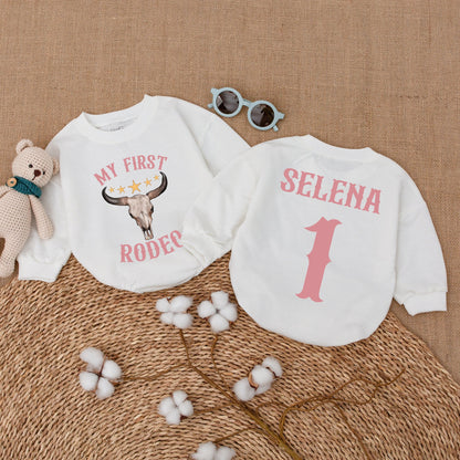 My First Rodeo Romper Custom Name Baby Girl Cowgirl Birthday Bodysuit Western Country First Birthday Party Bubble Outfit Gold Stars Pink Bull Skull
