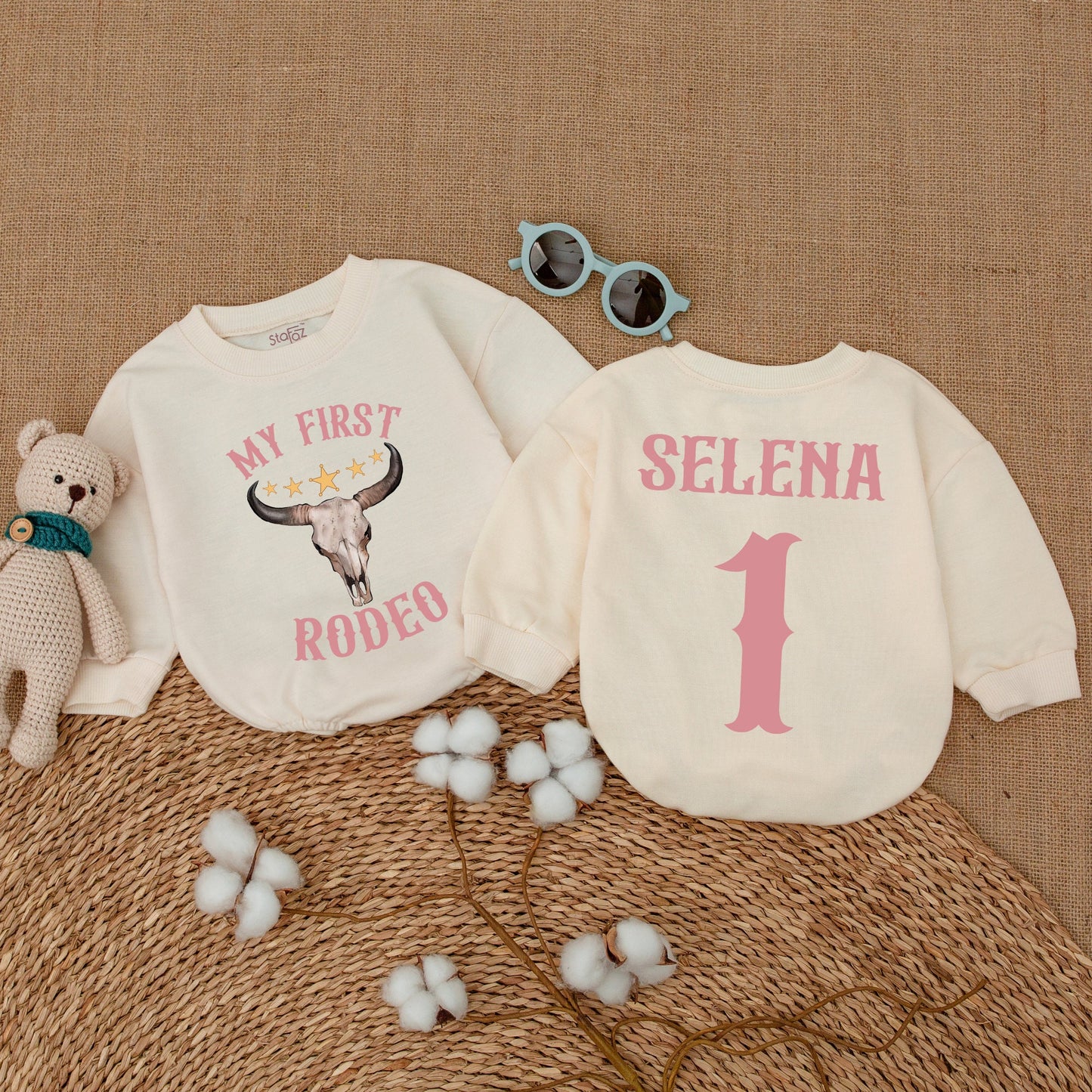 My First Rodeo Romper Custom Name Baby Girl Cowgirl Birthday Bodysuit Western Country First Birthday Party Bubble Outfit Gold Stars Pink Bull Skull