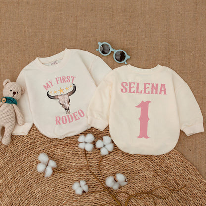 My First Rodeo Romper Custom Name Baby Girl Cowgirl Birthday Bodysuit Western Country First Birthday Party Bubble Outfit Gold Stars Pink Bull Skull