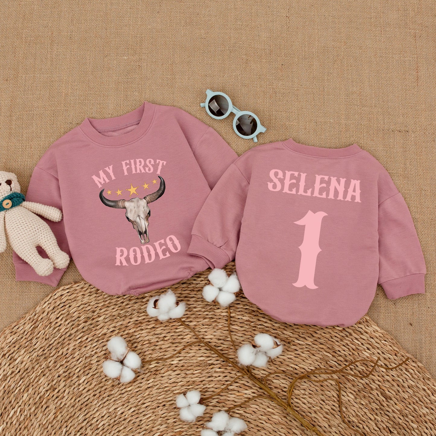 My First Rodeo Romper Custom Name Baby Girl Cowgirl Birthday Bodysuit Western Country First Birthday Party Bubble Outfit Gold Stars Pink Bull Skull