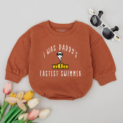 I Was Daddy's Fastest Swimmer Baby Romper Funny New Dad Gift First Father's Day Cute Infant Outfit Yellow White Design