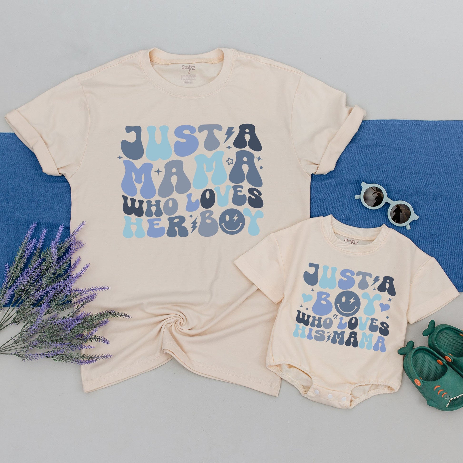 Just A Mama Who Loves Her Boy Matching Mother Son Shirts Retro Whimsical Blue Smiley Face Lightning Stars Hearts Dots First Mothers Day Gift
