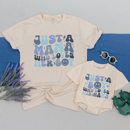 Just A Mama Who Loves Her Boy Matching Mother Son Shirts Retro Whimsical Blue Smiley Face Lightning Stars Hearts Dots First Mothers Day Gift