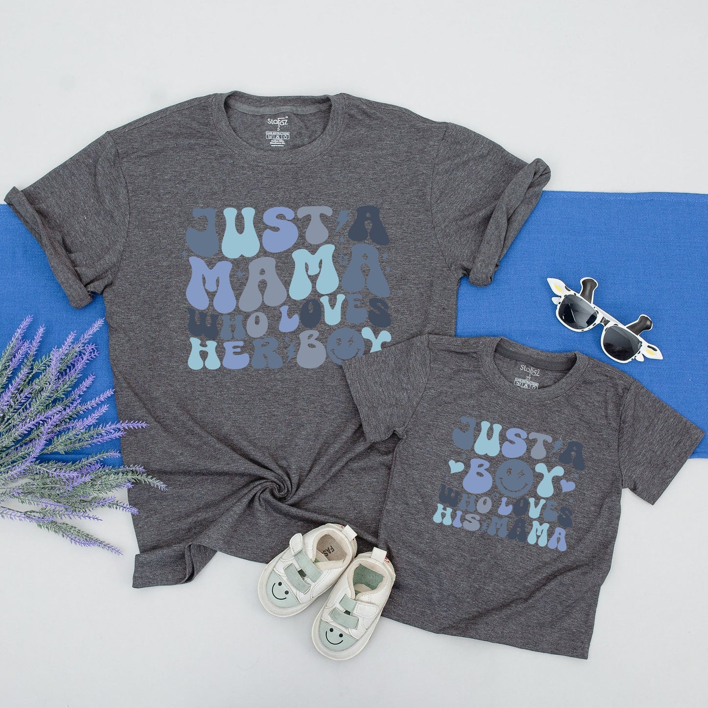 Just A Mama Who Loves Her Boy Matching Mother Son Shirts Retro Whimsical Blue Smiley Face Lightning Stars Hearts Dots First Mothers Day Gift