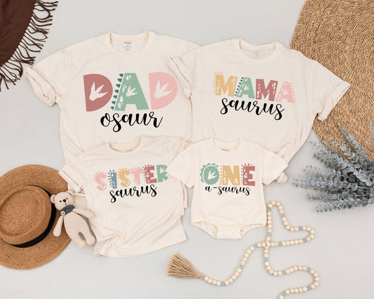 One-A-Saurus 1st Birthday Family Shirts, Matching Dino Outfits, Cute Muted Colors Dinosaur Party Tees, First Birthday Gift, Dino Family (135 chars)