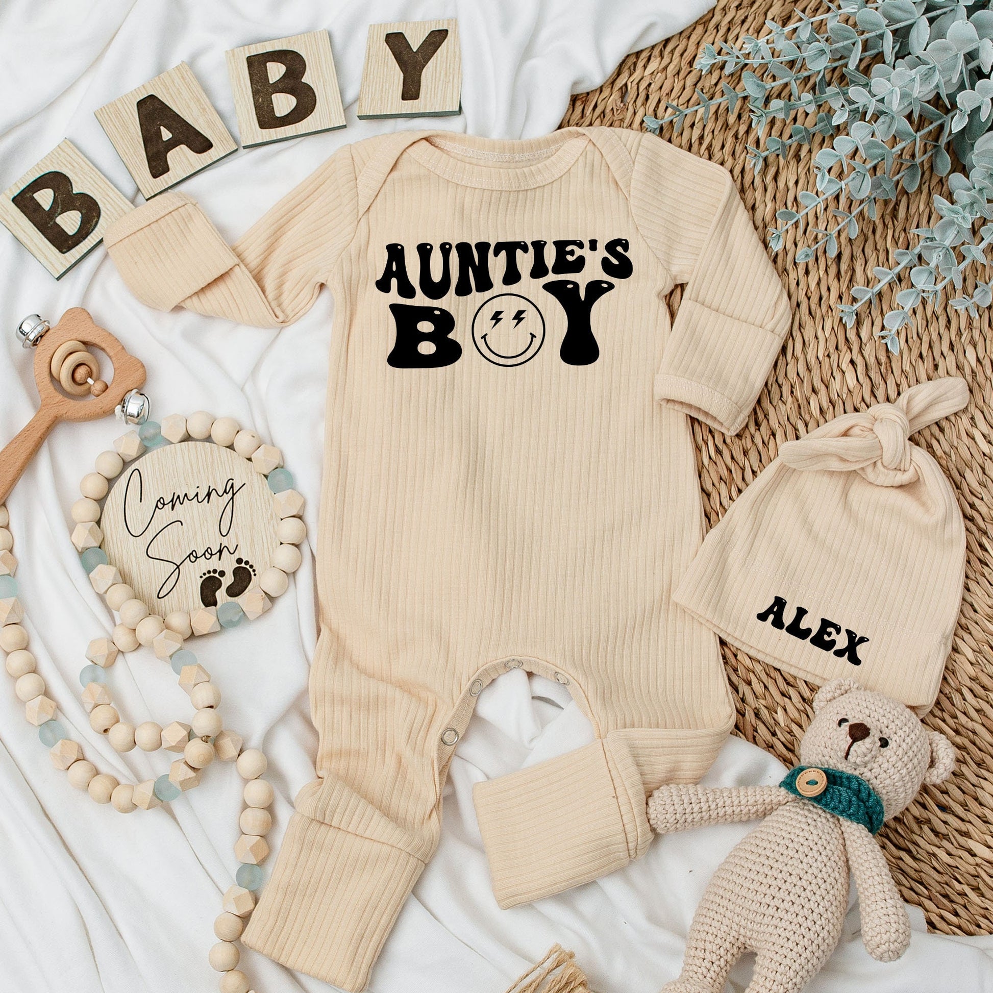 Auntie's Boy Retro Baby Bodysuit and Hat Set Newborn Outfit with Smiley Face Lightning Eyes Vintage Inspired Shower Gift Coming Home