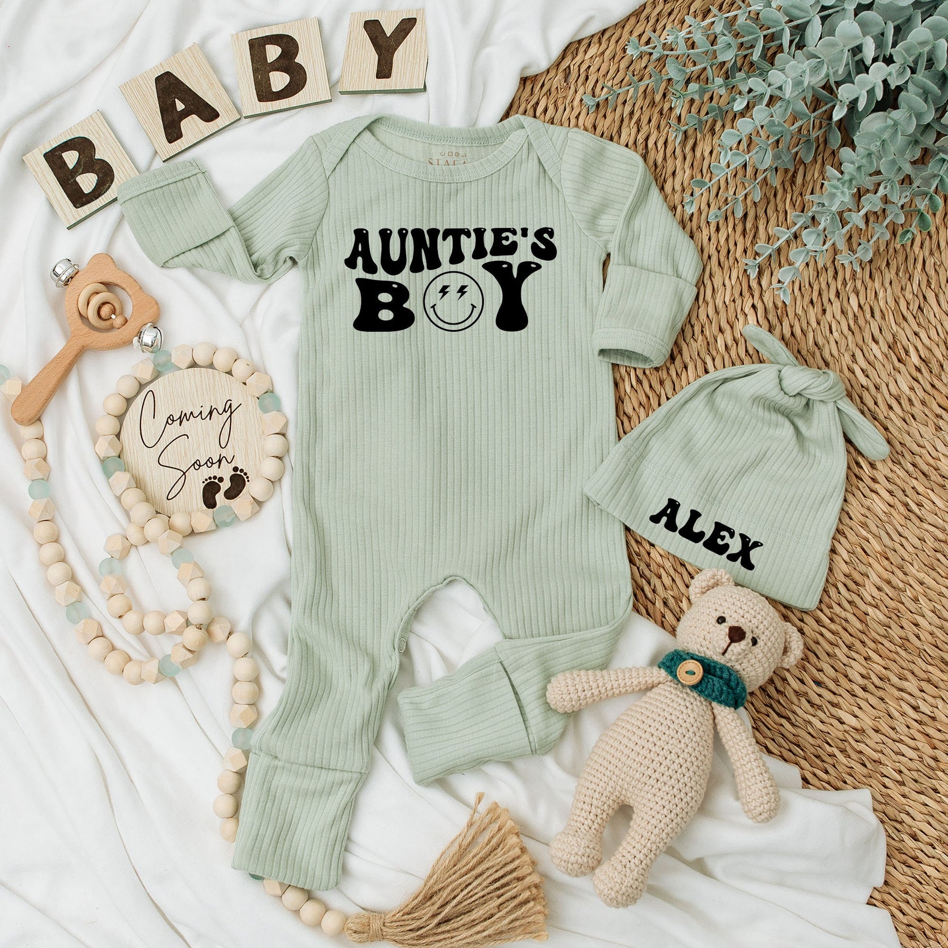 Auntie's Boy Retro Baby Bodysuit and Hat Set Newborn Outfit with Smiley Face Lightning Eyes Vintage Inspired Shower Gift Coming Home