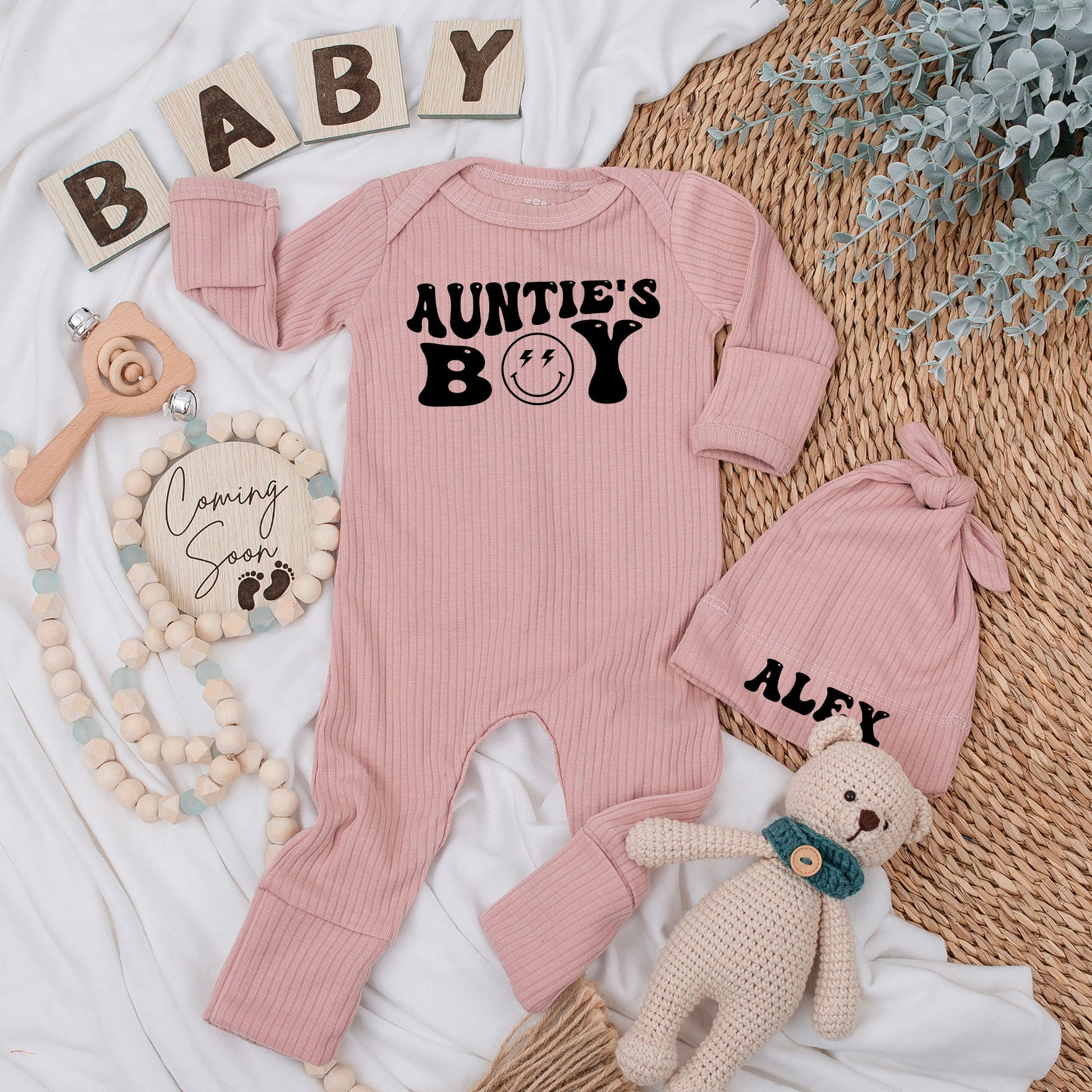 Auntie's Boy Retro Baby Bodysuit and Hat Set Newborn Outfit with Smiley Face Lightning Eyes Vintage Inspired Shower Gift Coming Home