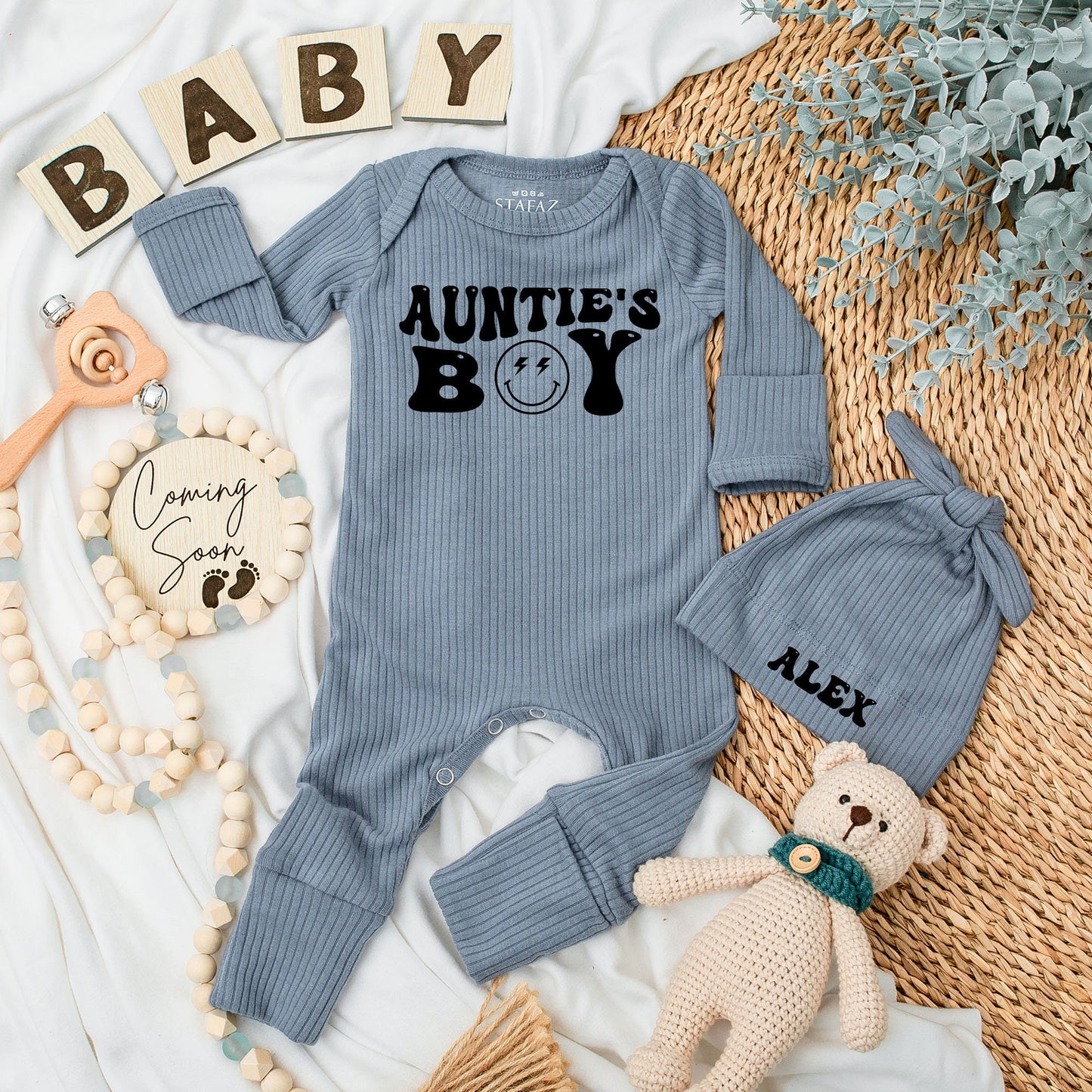 Auntie's Boy Retro Baby Bodysuit and Hat Set Newborn Outfit with Smiley Face Lightning Eyes Vintage Inspired Shower Gift Coming Home