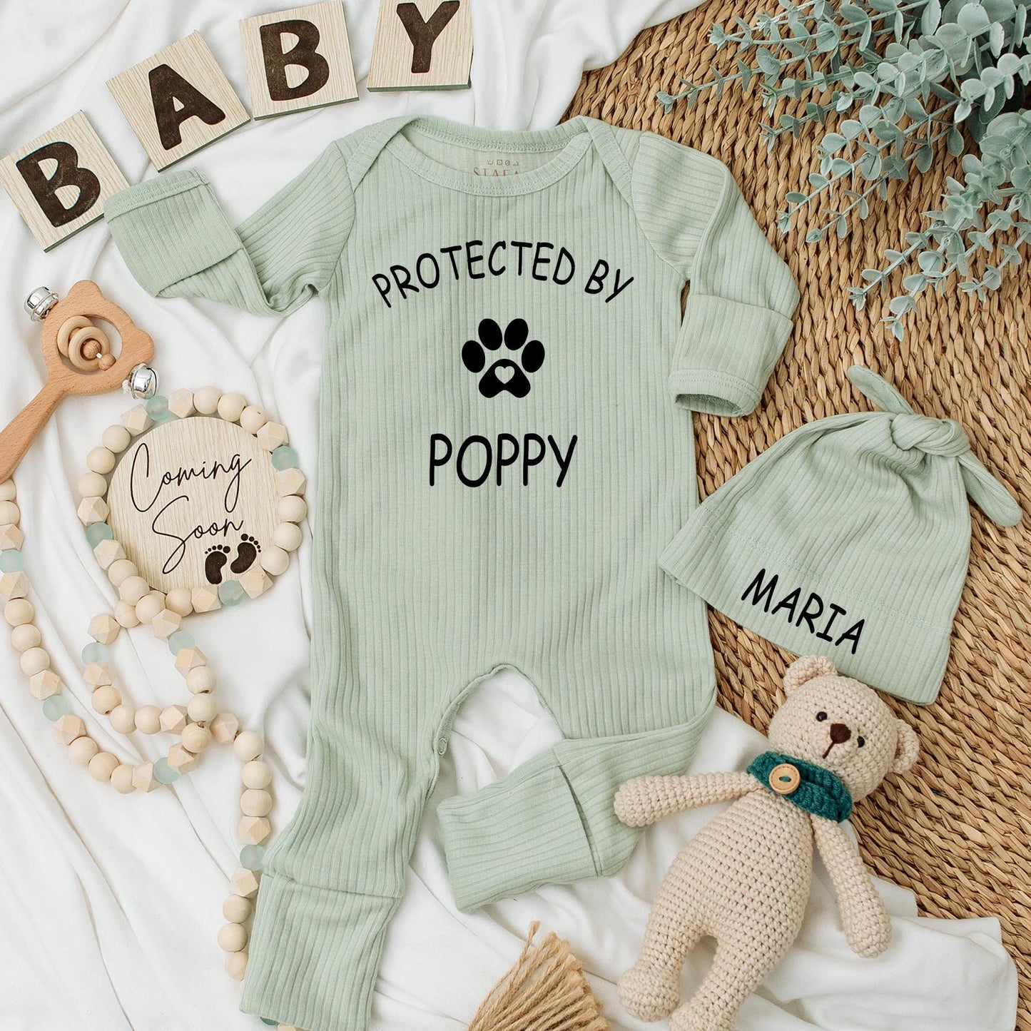 Protected By Dog Personalized Baby Bodysuit Retro Boho Design Newborn Infant Outfit with Custom Dog Name Cute Baby Shower Gift Soft Cotton Clothes