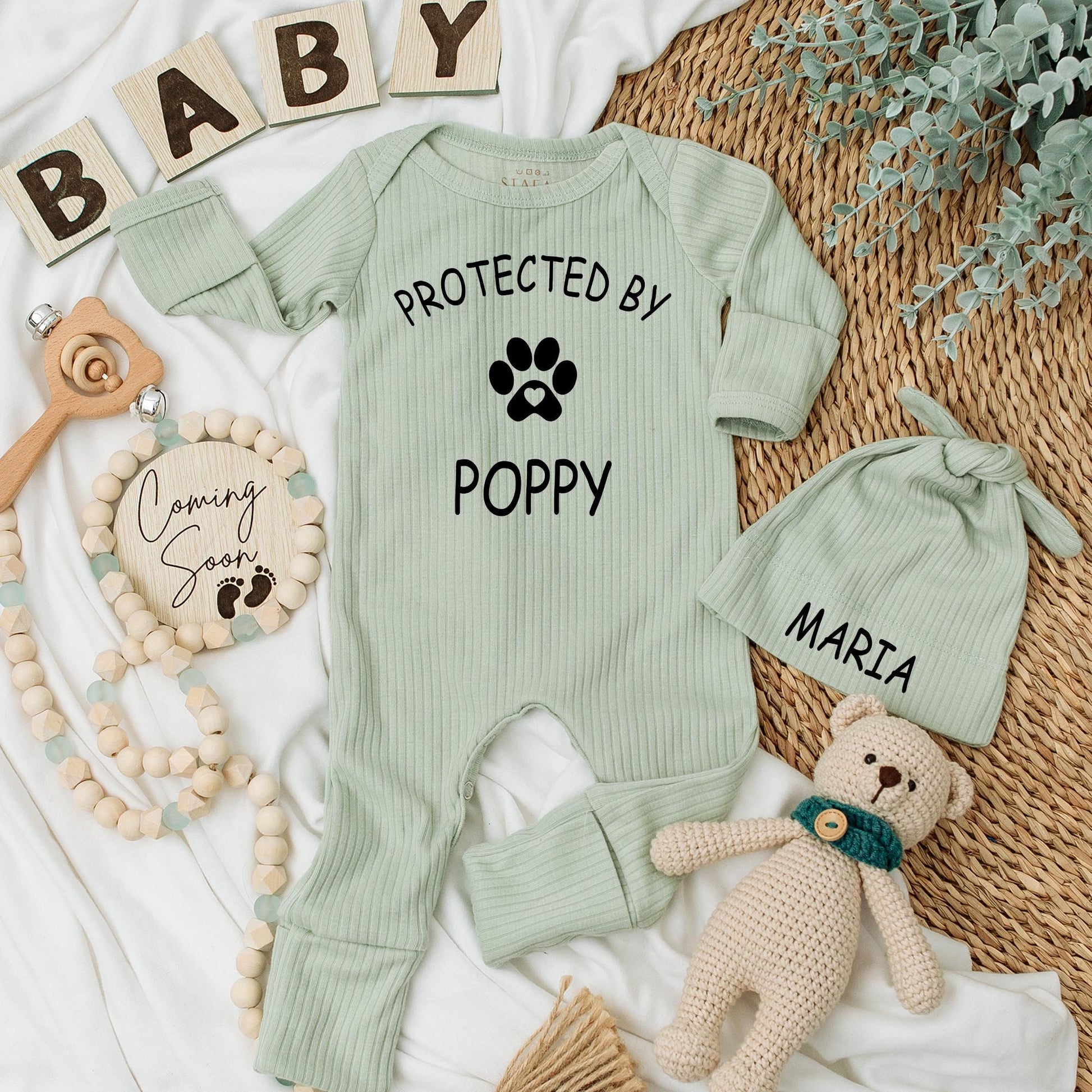 Protected By Dog Personalized Baby Bodysuit Retro Boho Design Newborn Infant Outfit with Custom Dog Name Cute Baby Shower Gift Soft Cotton Clothes