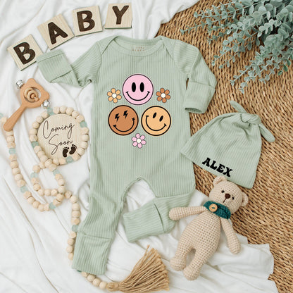 Personalized Baby Bodysuit & Hat Set Groovy Smiley Face Floral Design Alex Name Retro Birthday Shower Newborn Coming Home Outfit Baby Girl Clothes