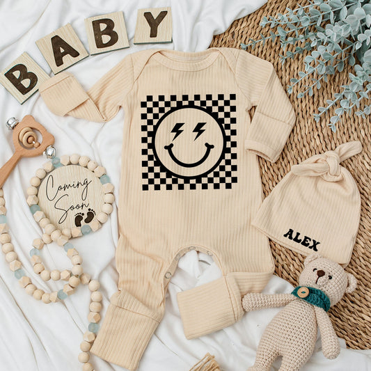 Personalized Baby Bodysuit and Hat Set Custom Name Retro Smiley Face Checkerboard Design Newborn Outfit Boys Girls Baby Shower Gift