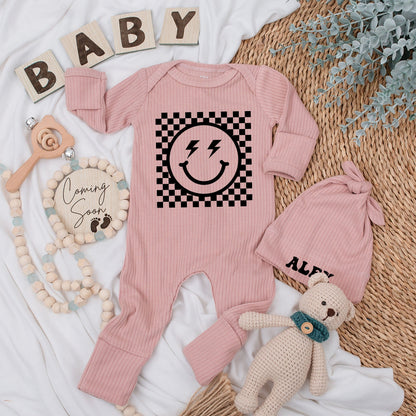 Personalized Baby Bodysuit and Hat Set Custom Name Retro Smiley Face Checkerboard Design Newborn Outfit Boys Girls Baby Shower Gift