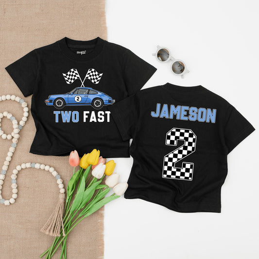 Two Fast Race Car Birthday Shirt Blue Racing Flags Number 2 Fun Birthday Outfit for Boys Toddlers