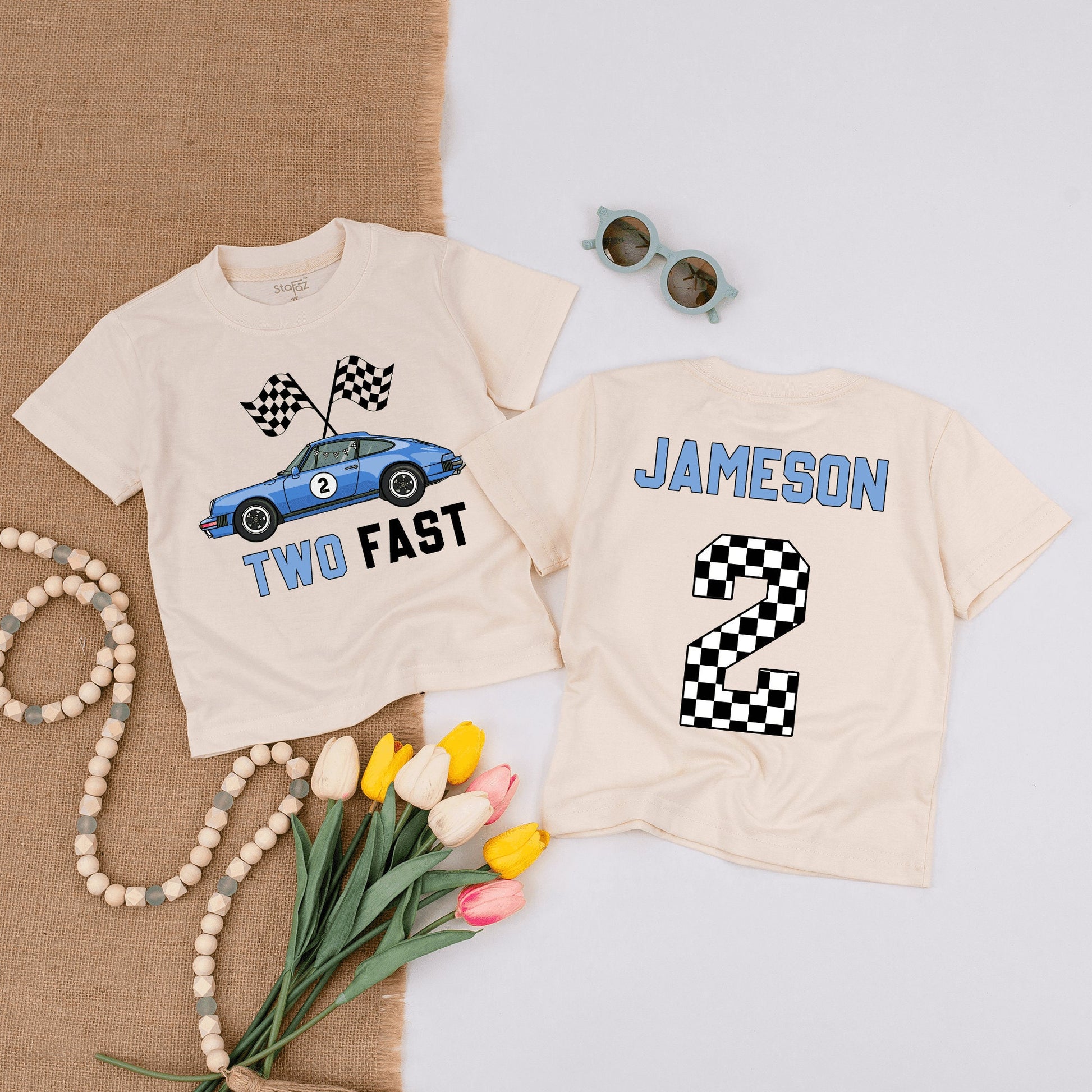 Two Fast Race Car Birthday Shirt Blue Racing Flags Number 2 Fun Birthday Outfit for Boys Toddlers