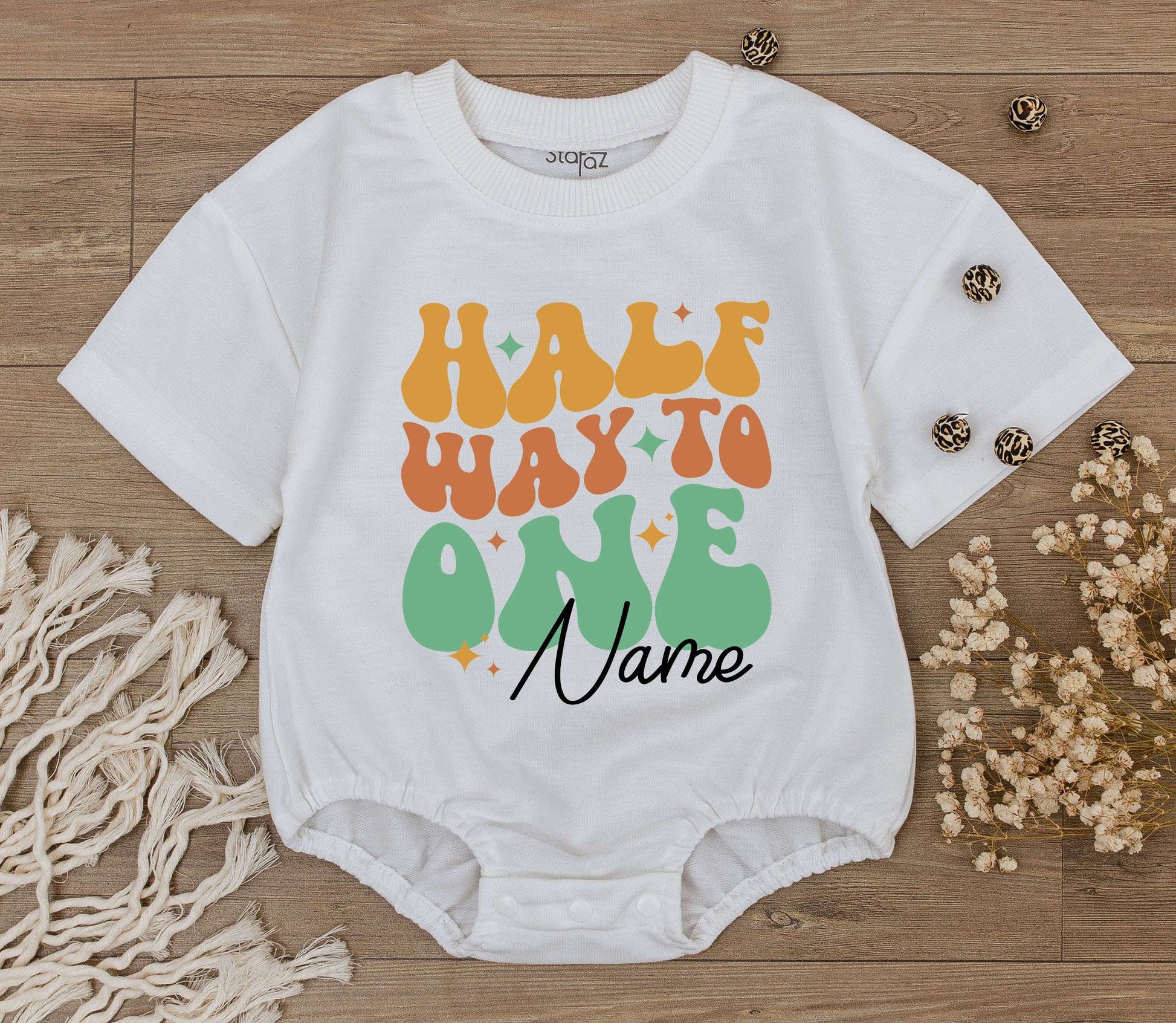 Custom Half Way To One Baby Romper Retro Groovy Orange Green Starburst Design Personalized Name Six Month Birthday Outfit Toddler Infant Soft Cotton Gift Idea