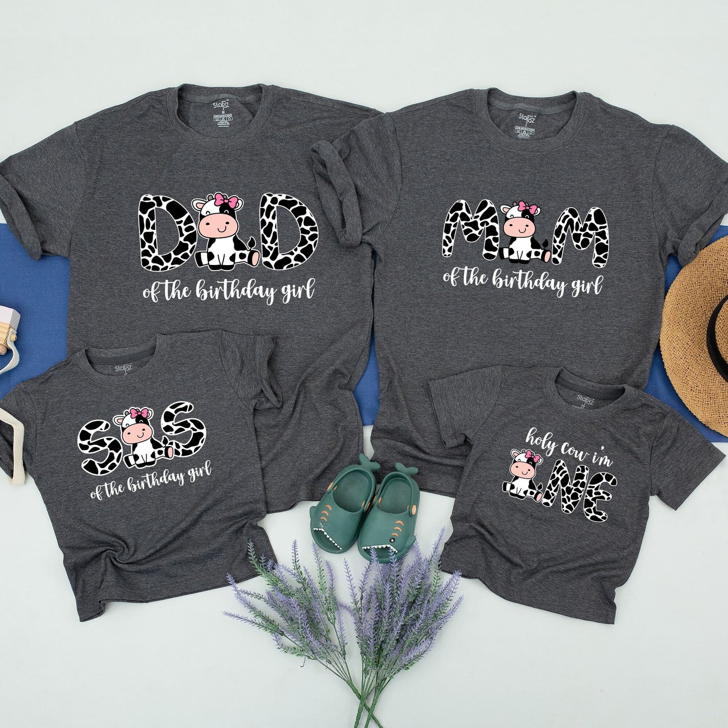 Holy Cow I'm One Matching Family Birthday Shirts with Cow Spot Letters & Cartoon Cow for 1st Birthday Girl Mom Dad Baby Farm Party
