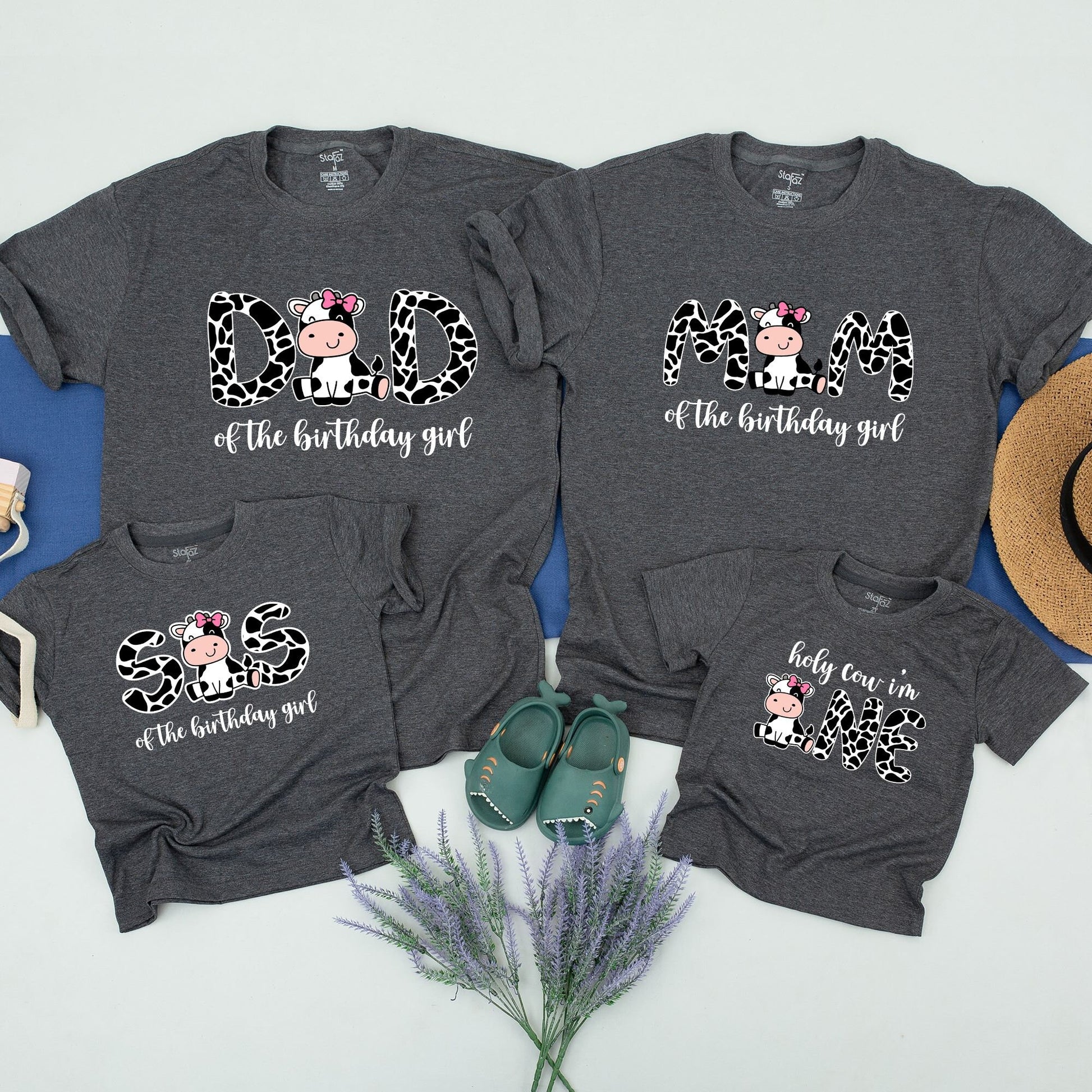 Holy Cow I'm One Matching Family Birthday Shirts with Cow Spot Letters & Cartoon Cow for 1st Birthday Girl Mom Dad Baby Farm Party