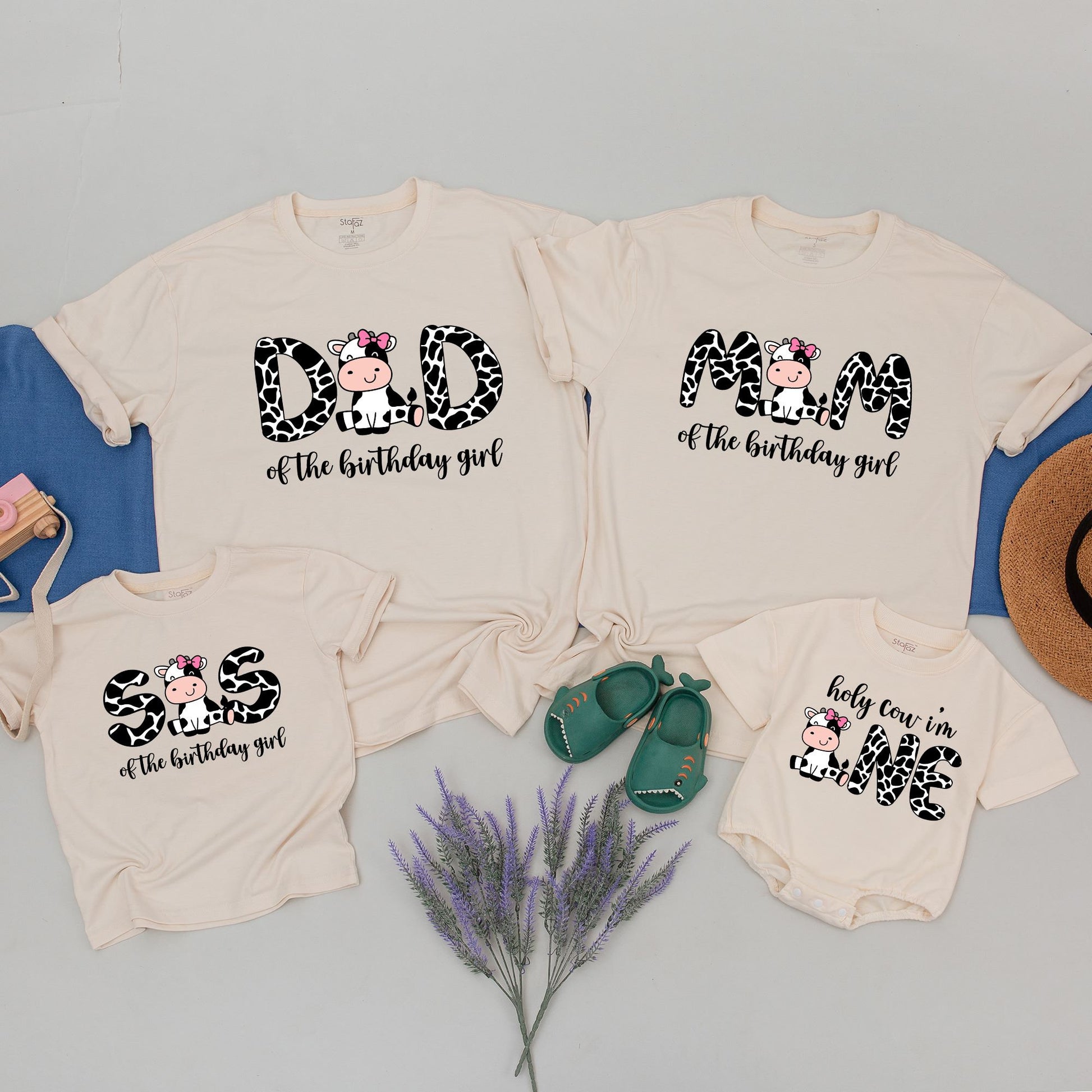 Holy Cow I'm One Matching Family Birthday Shirts with Cow Spot Letters & Cartoon Cow for 1st Birthday Girl Mom Dad Baby Farm Party