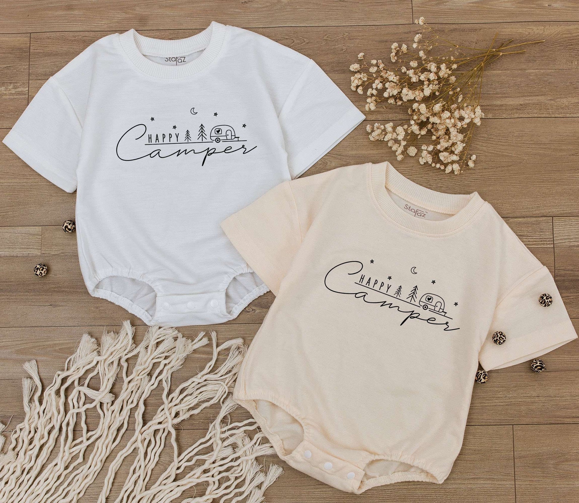 Happy Camper Baby Romper Whimsical Camping Theme Toddler Outfit Adventure Clothes Retro Summer Birthday Gift Black Line Art Minimalist Playful Design for Kids