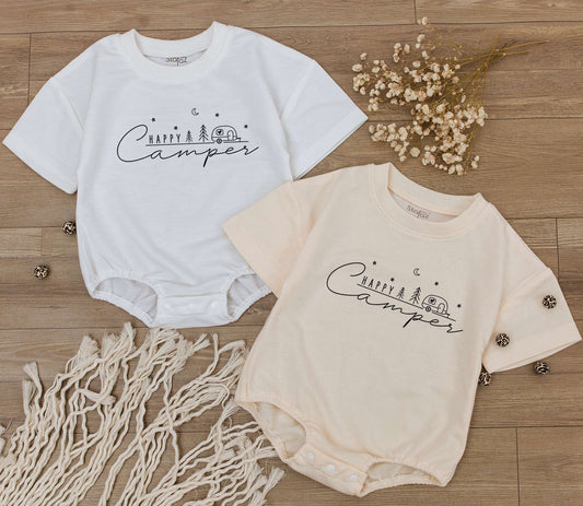 Happy Camper Baby Romper Whimsical Camping Theme Toddler Outfit Adventure Clothes Retro Summer Birthday Gift Black Line Art Minimalist Playful Design for Kids