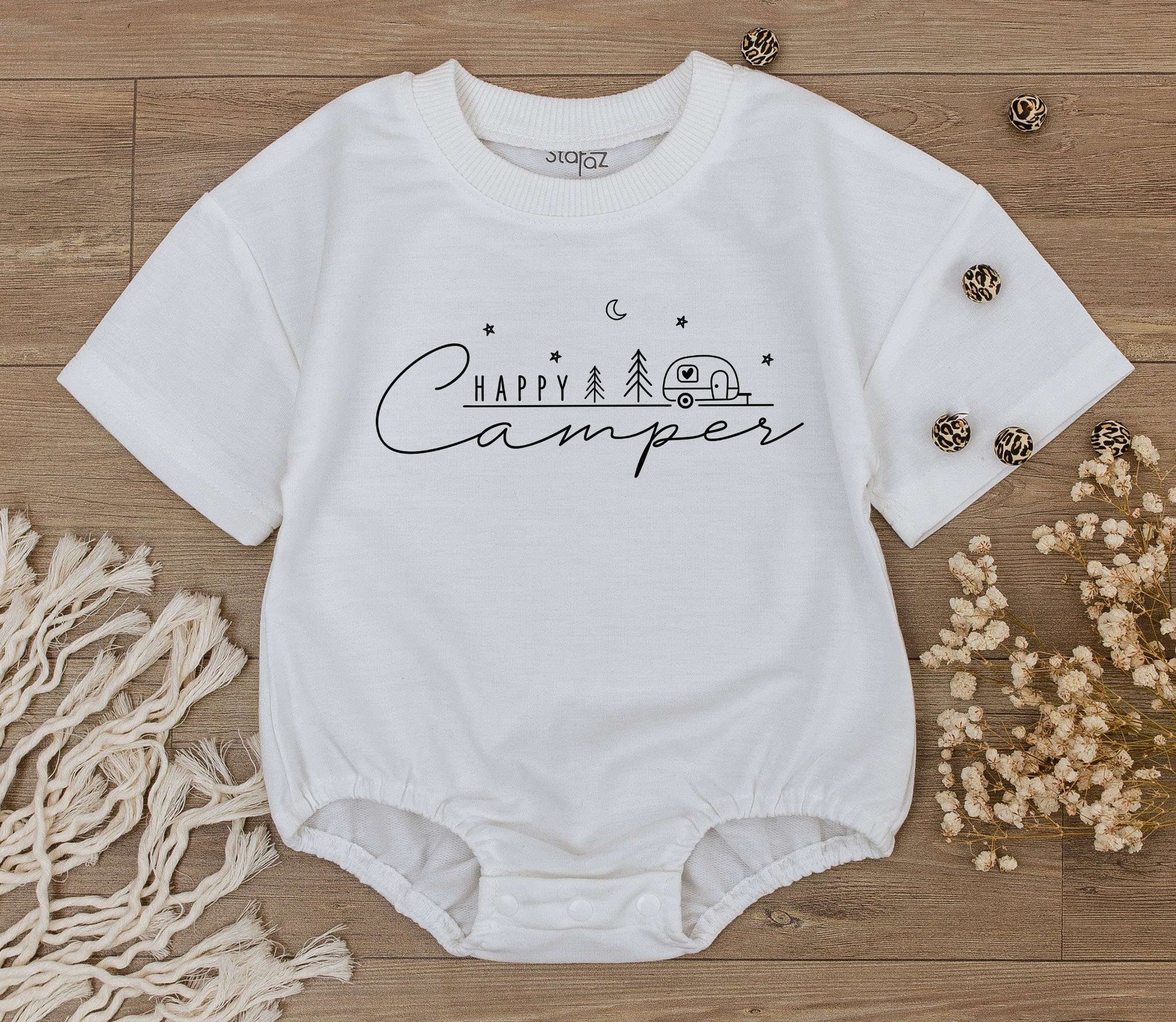 Happy Camper Baby Romper Whimsical Camping Theme Toddler Outfit Adventure Clothes Retro Summer Birthday Gift Black Line Art Minimalist Playful Design for Kids