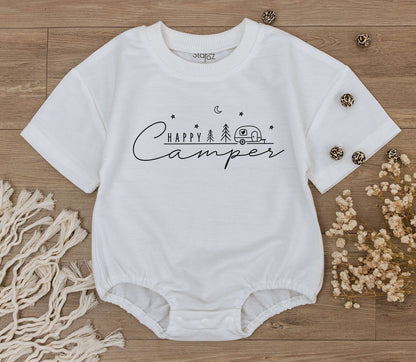 Happy Camper Baby Romper Whimsical Camping Theme Toddler Outfit Adventure Clothes Retro Summer Birthday Gift Black Line Art Minimalist Playful Design for Kids