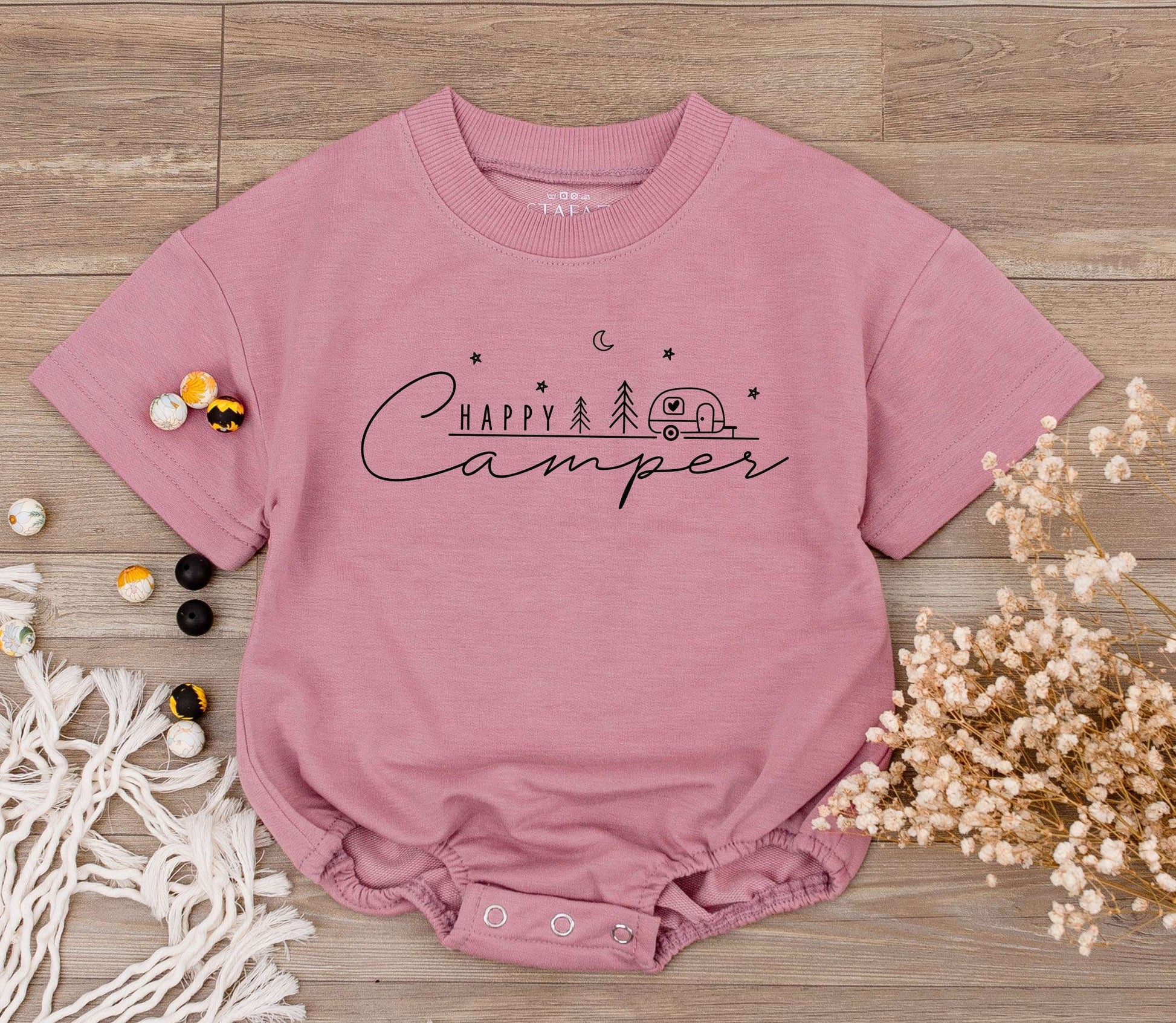 Happy Camper Baby Romper Whimsical Camping Theme Toddler Outfit Adventure Clothes Retro Summer Birthday Gift Black Line Art Minimalist Playful Design for Kids