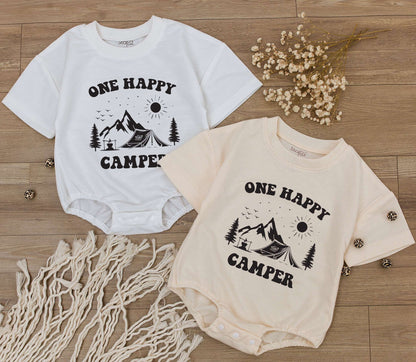 One Happy Camper Baby Romper Toddler Outfit Vintage Outdoorsy Birthday Gift Black Print Mountain Tent Design Soft Cotton Summer Adventure Clothes Little Explorer