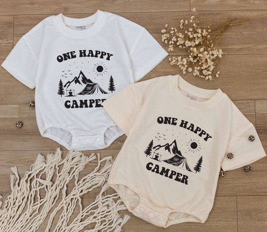 One Happy Camper Baby Romper Toddler Outfit Vintage Outdoorsy Birthday Gift Black Print Mountain Tent Design Soft Cotton Summer Adventure Clothes Little Explorer
