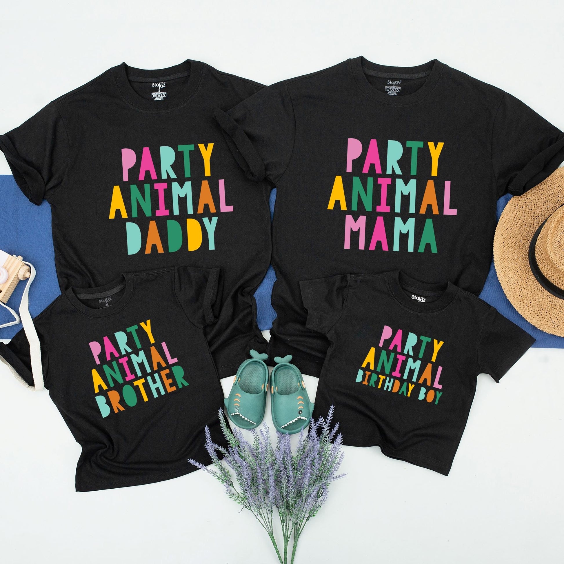 Party Animal Birthday Shirt for Family, Daddy Mama Sister Birthday Boy with Bright Wild Safari Zoo Animals Infant Toddler Youth Kids Tee