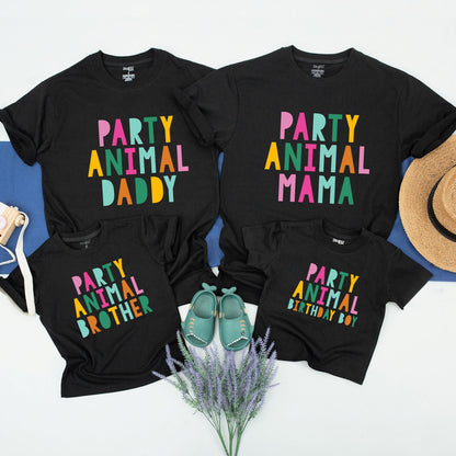 Party Animal Birthday Shirt for Family, Daddy Mama Sister Birthday Boy with Bright Wild Safari Zoo Animals Infant Toddler Youth Kids Tee