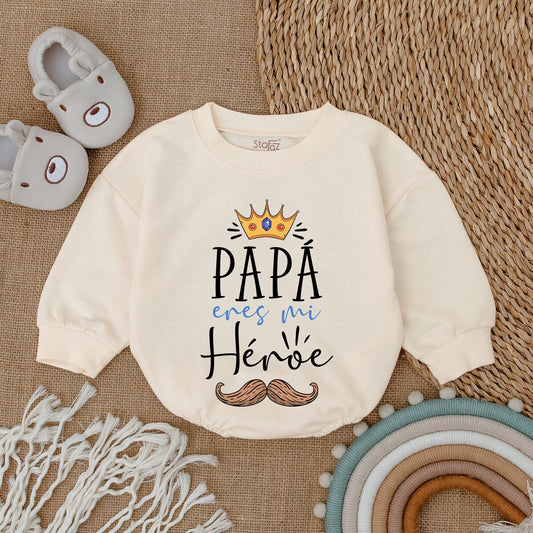 Papá eres mi Héroe" Spanish Romper Baby Bodysuit Cute Father's Day Gift Daddy and Me Outfit for Infant Girl Boy with Modern Crown Mustache Design Playful Cotton