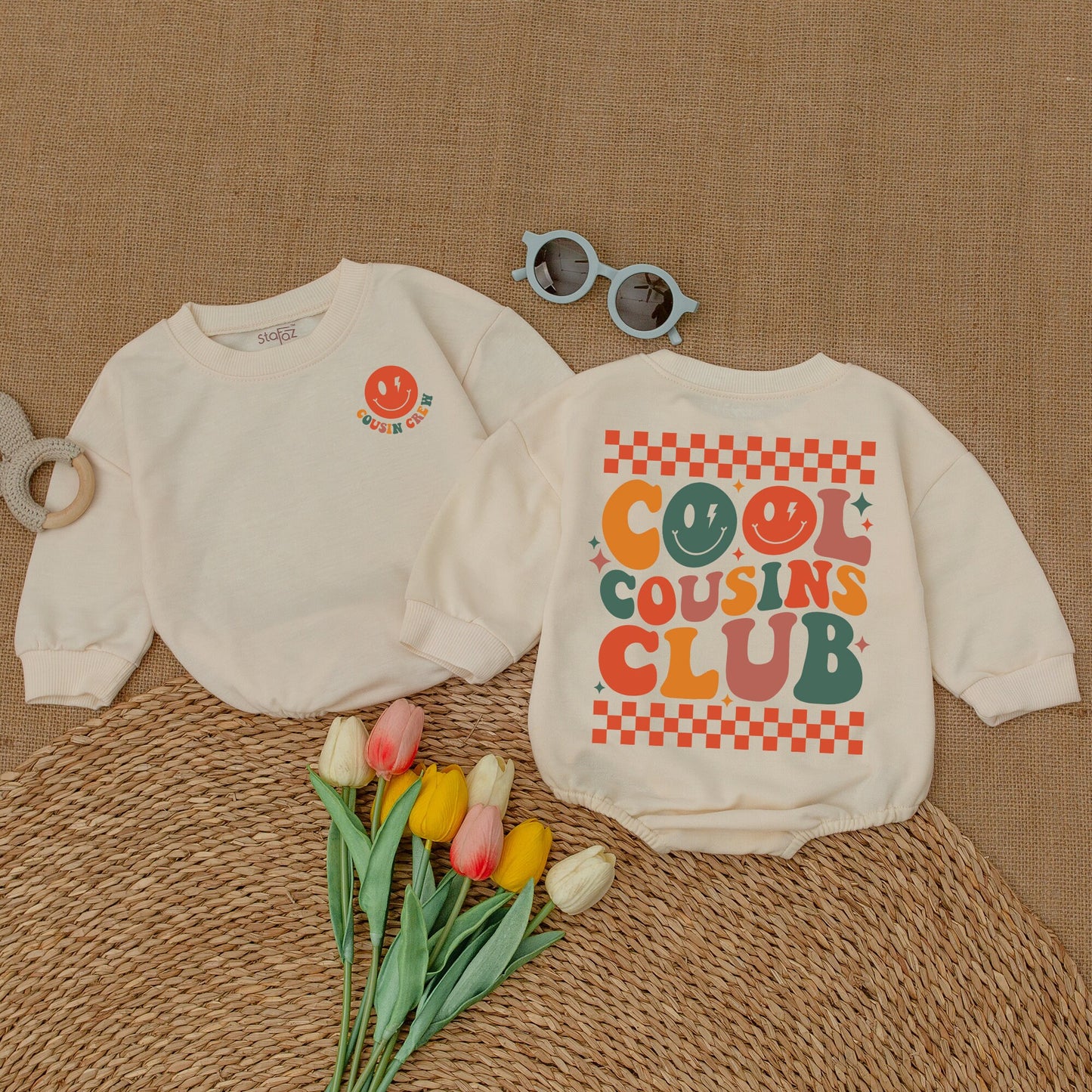 Retro Cool Cousins Club Romper & Cousin Crew Bodysuit Vintage Smiley Face Family Reunion Outfit Matching Family Gift