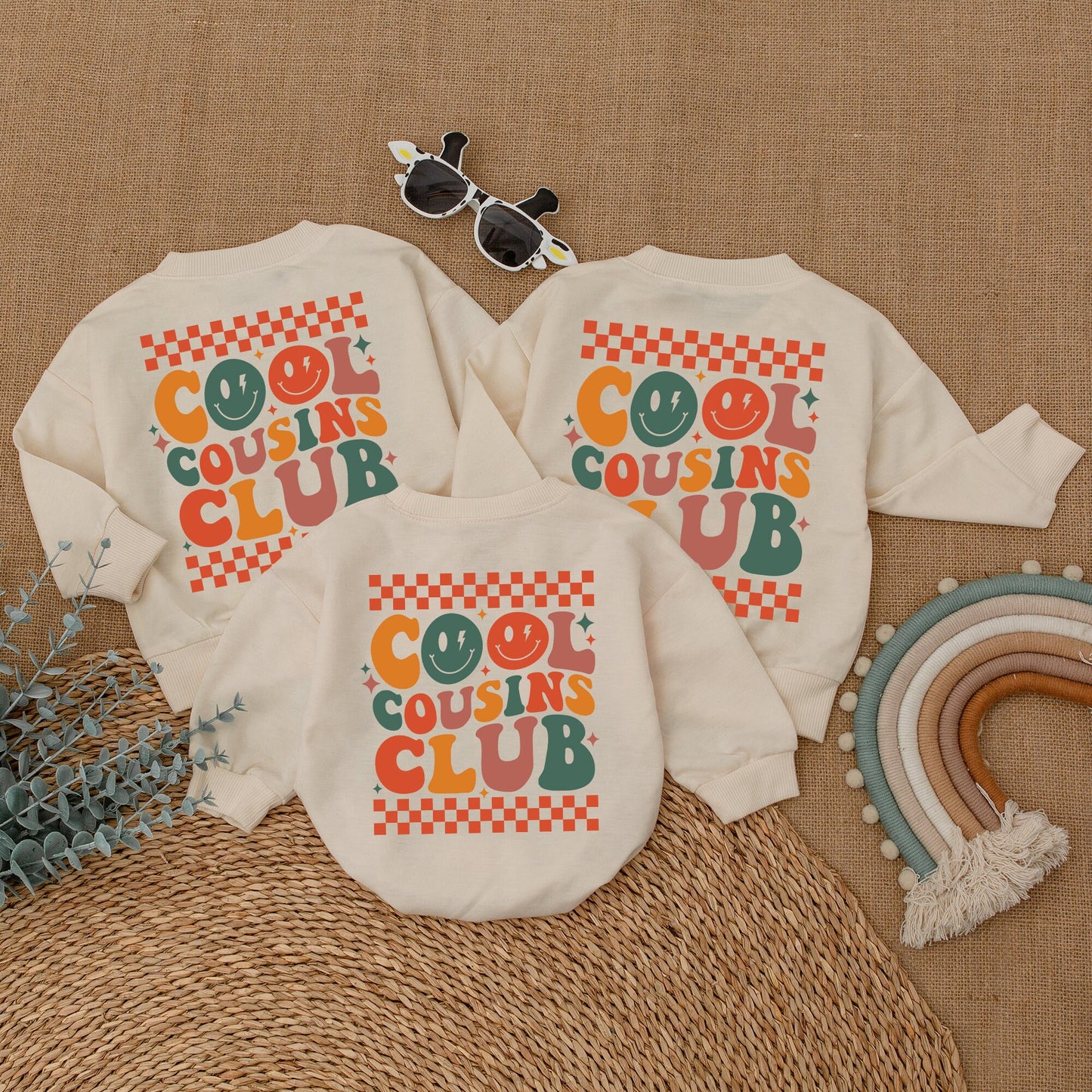 Retro Cool Cousins Club Romper & Cousin Crew Bodysuit Vintage Smiley Face Family Reunion Outfit Matching Family Gift