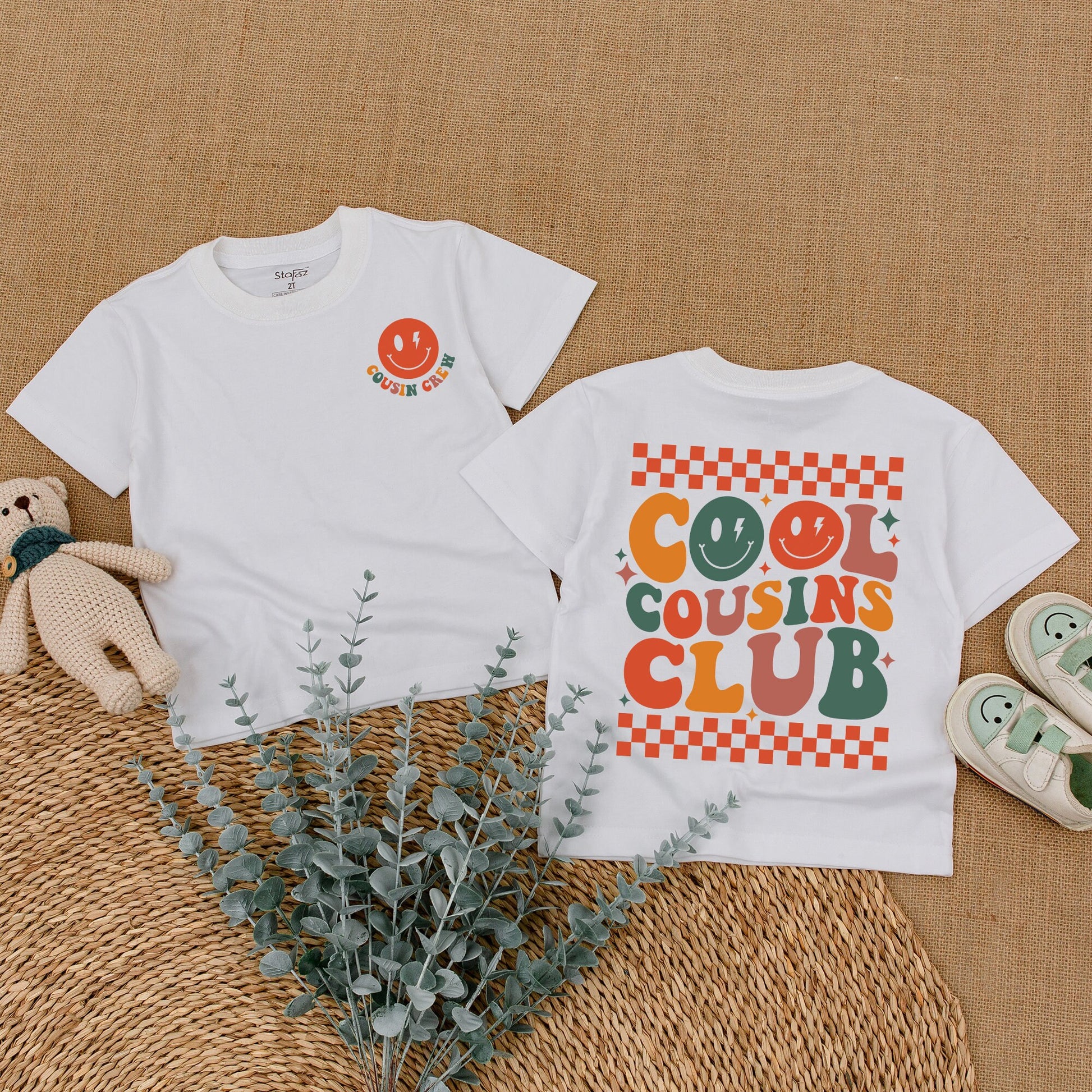 Retro Cool Cousins Club Romper & Cousin Crew Bodysuit Vintage Smiley Face Family Reunion Outfit Matching Family Gift