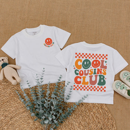 Retro Cool Cousins Club Romper & Cousin Crew Bodysuit Vintage Smiley Face Family Reunion Outfit Matching Family Gift
