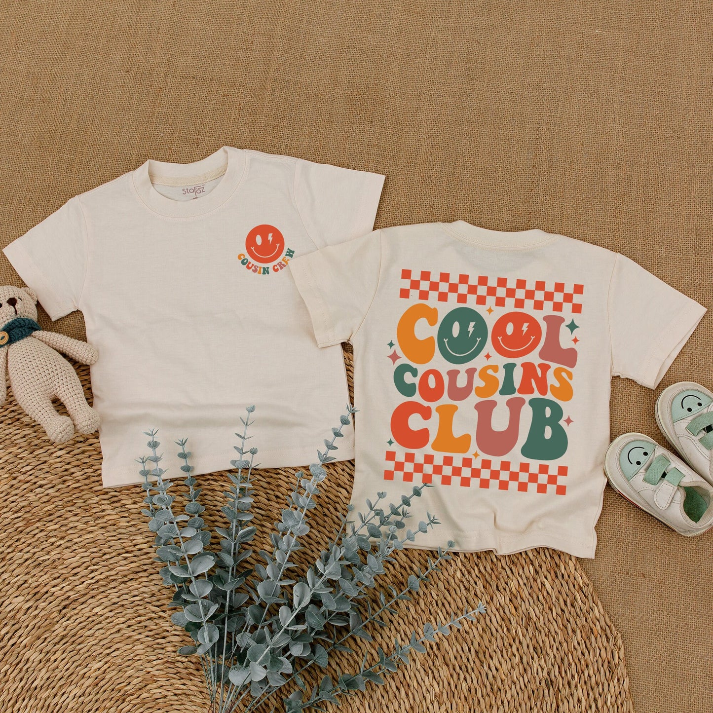 Retro Cool Cousins Club Romper & Cousin Crew Bodysuit Vintage Smiley Face Family Reunion Outfit Matching Family Gift