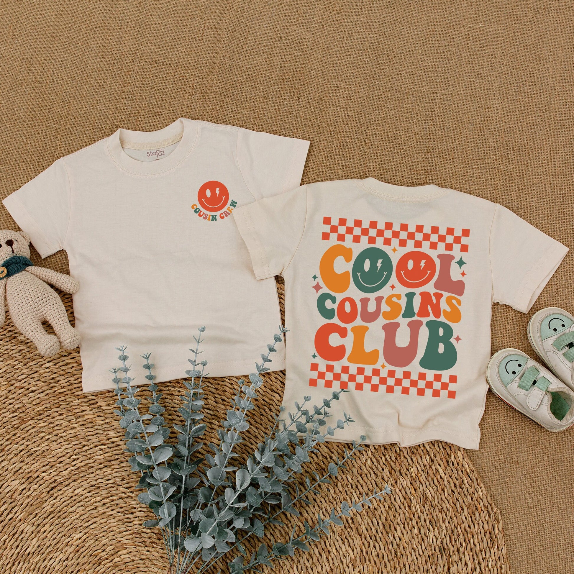 Retro Cool Cousins Club Romper & Cousin Crew Bodysuit Vintage Smiley Face Family Reunion Outfit Matching Family Gift