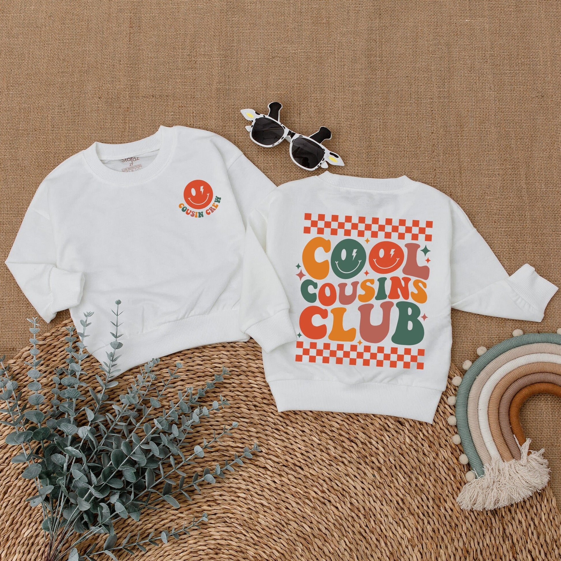 Retro Cool Cousins Club Romper & Cousin Crew Bodysuit Vintage Smiley Face Family Reunion Outfit Matching Family Gift