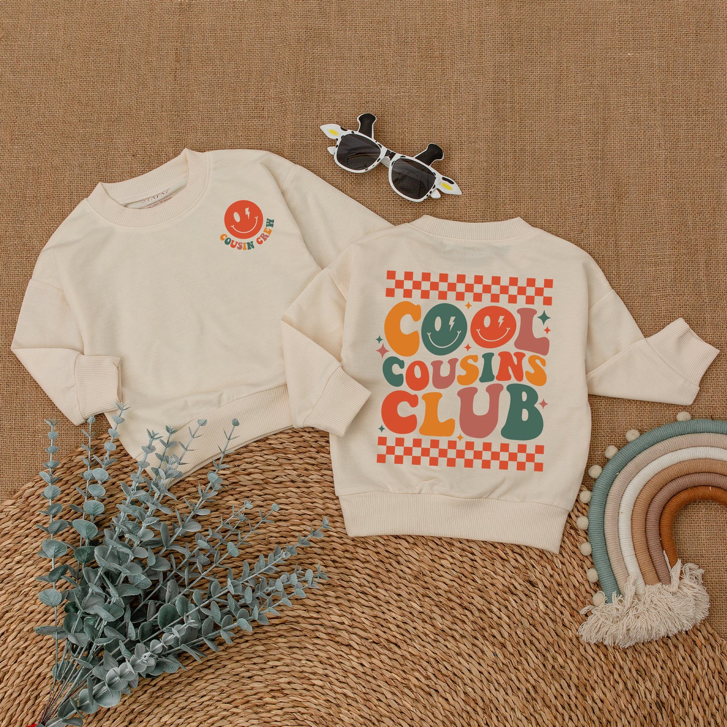 Retro Cool Cousins Club Romper & Cousin Crew Bodysuit Vintage Smiley Face Family Reunion Outfit Matching Family Gift