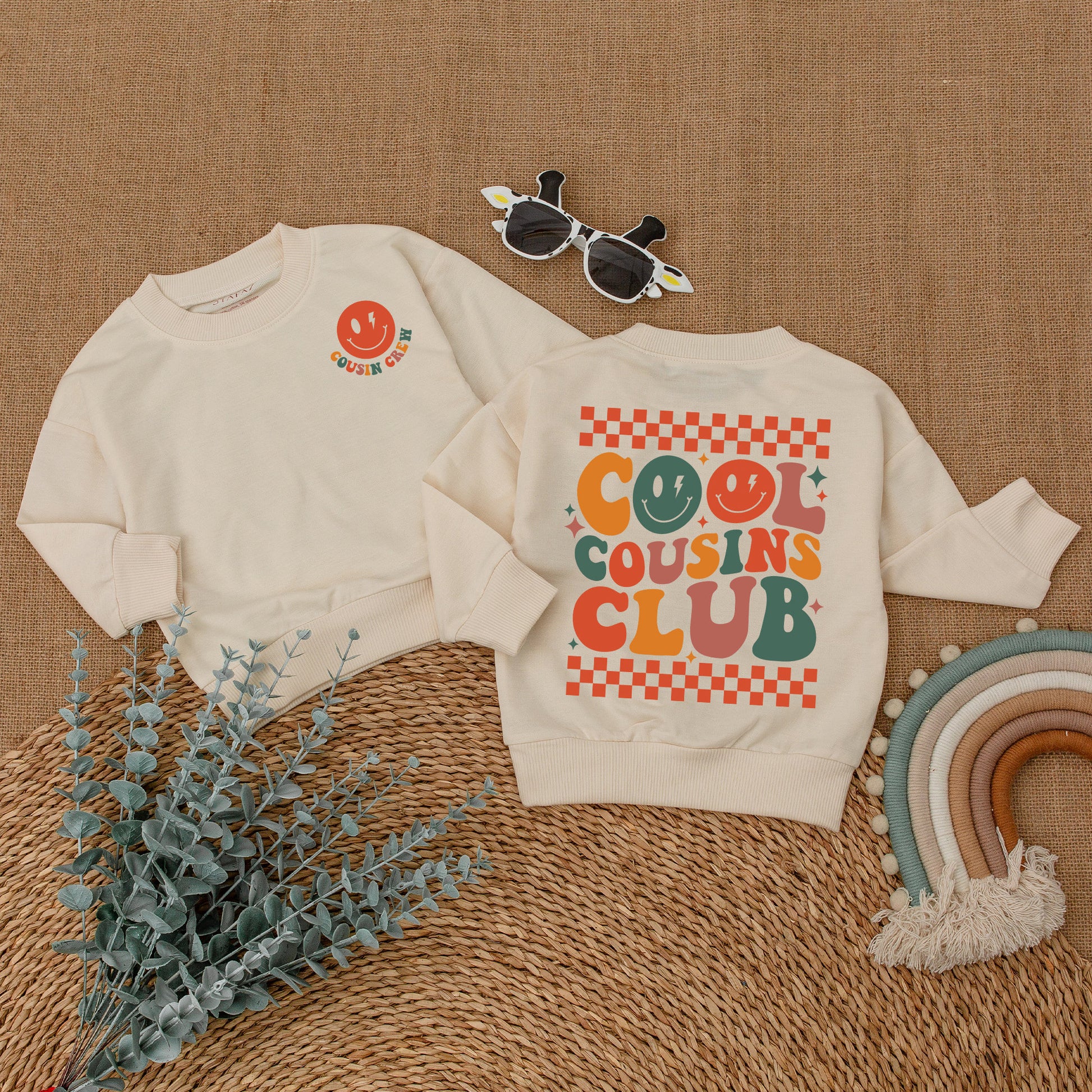Retro Cool Cousins Club Romper & Cousin Crew Bodysuit Vintage Smiley Face Family Reunion Outfit Matching Family Gift