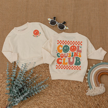 Retro Cool Cousins Club Romper & Cousin Crew Bodysuit Vintage Smiley Face Family Reunion Outfit Matching Family Gift