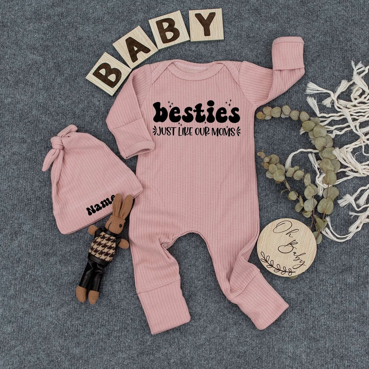 Besties Just Like Our Moms Bodysuit & Hat Set Cute Baby Outfit for Newborns and Infants a Sweet Matching Gift for Girls and Boys